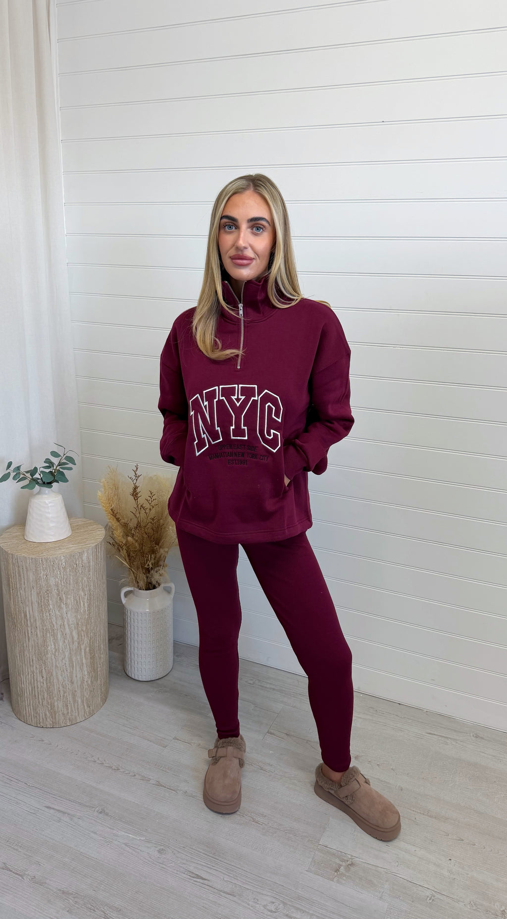 NYC Sweatshirt and Ribbed Leggings Co-Ord - BURGUNDY