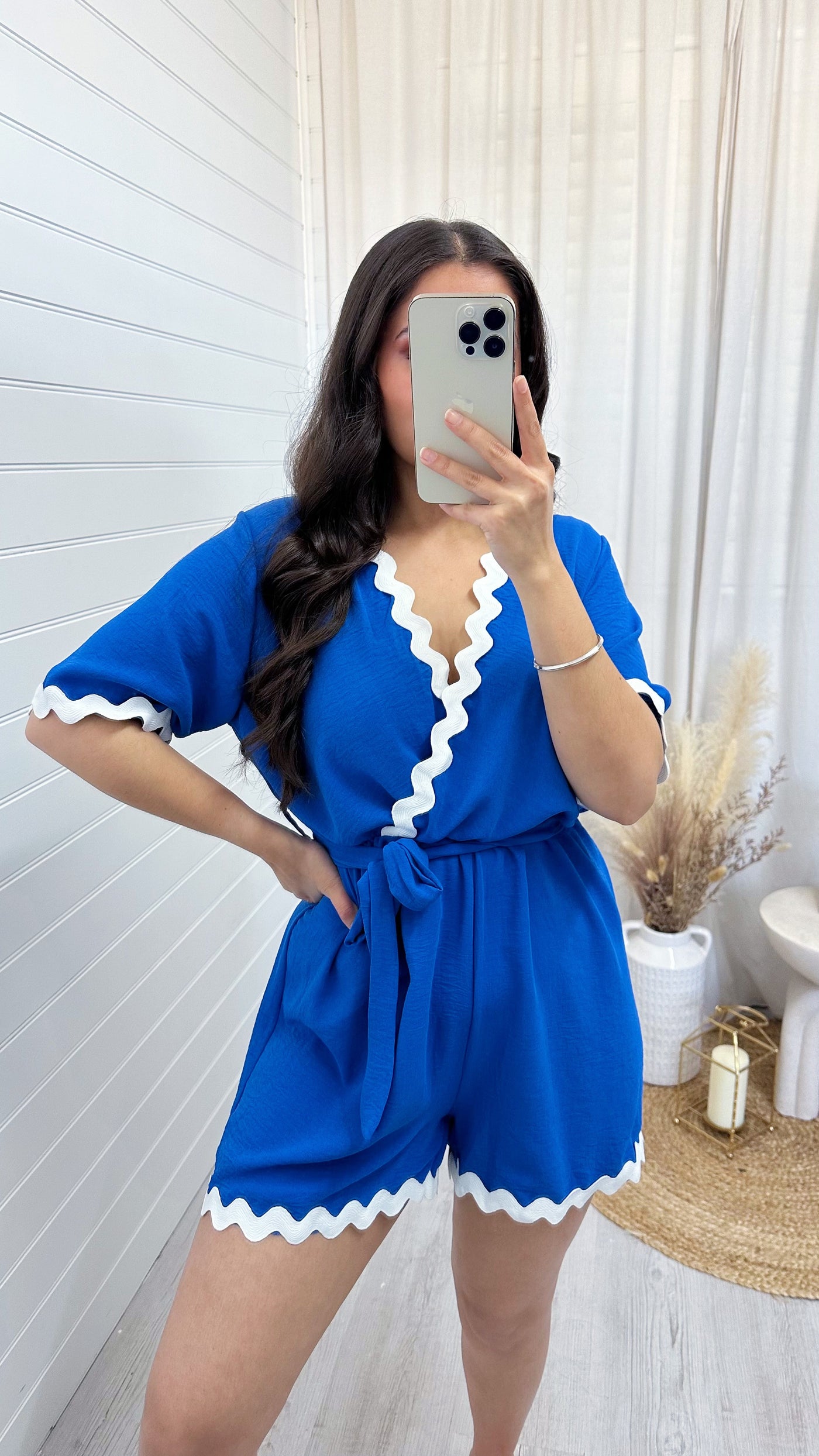 Scalloped Trim Wrap Over Playsuit - BLUE