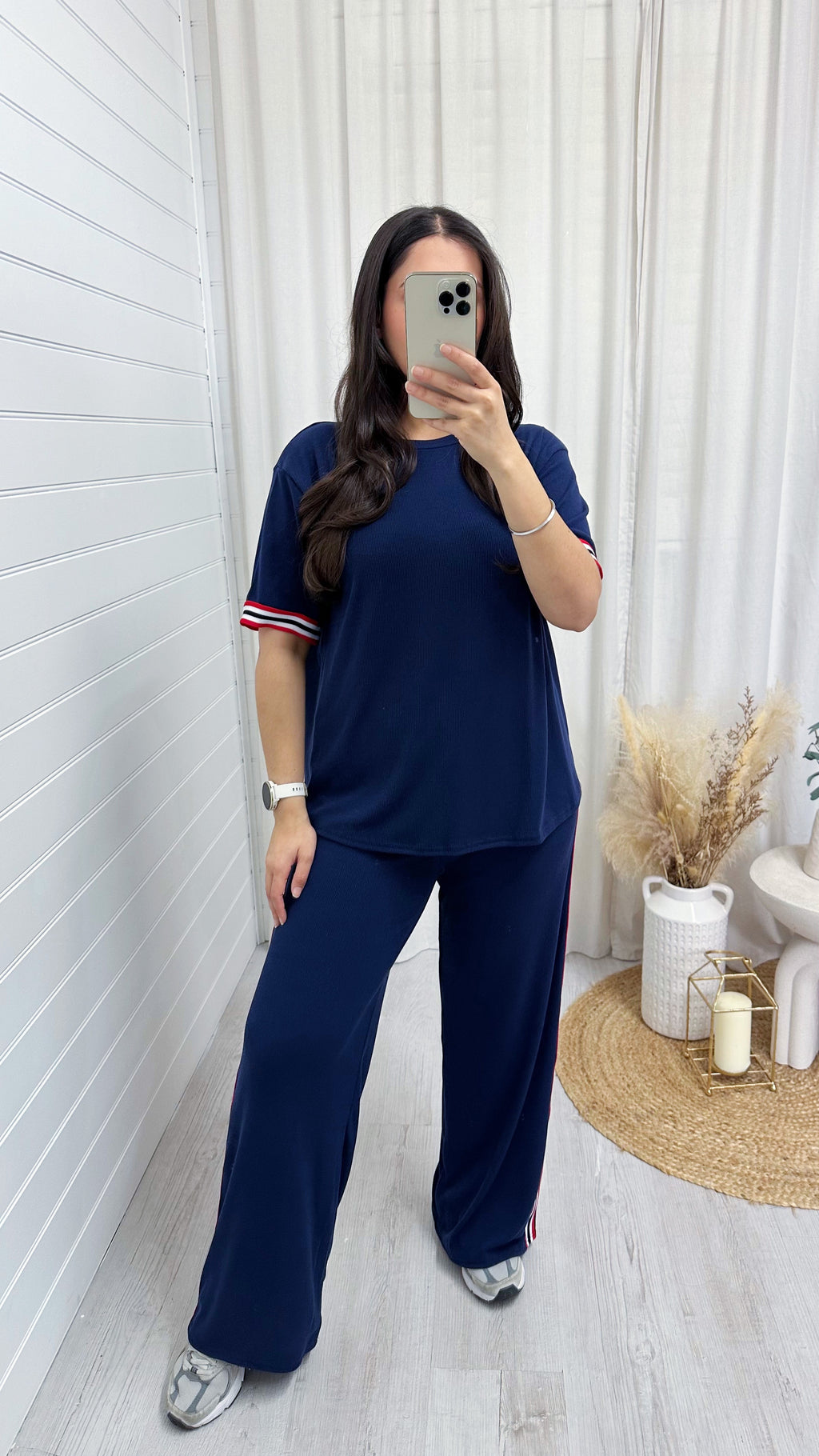 Soft Ribbed Side Strip T-Shirt and Trousers Co-Ord - NAVY