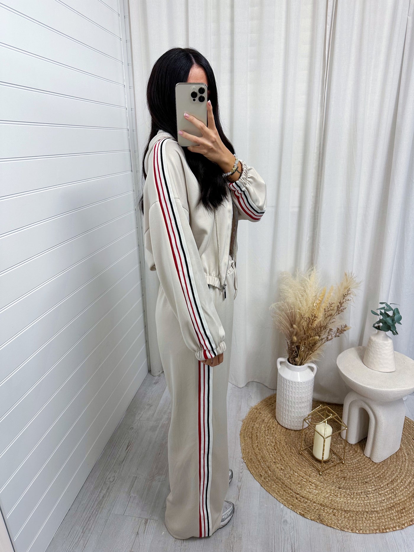 Retro Side Stripe Bomber Jacket and Joggers Tracksuit - BEIGE