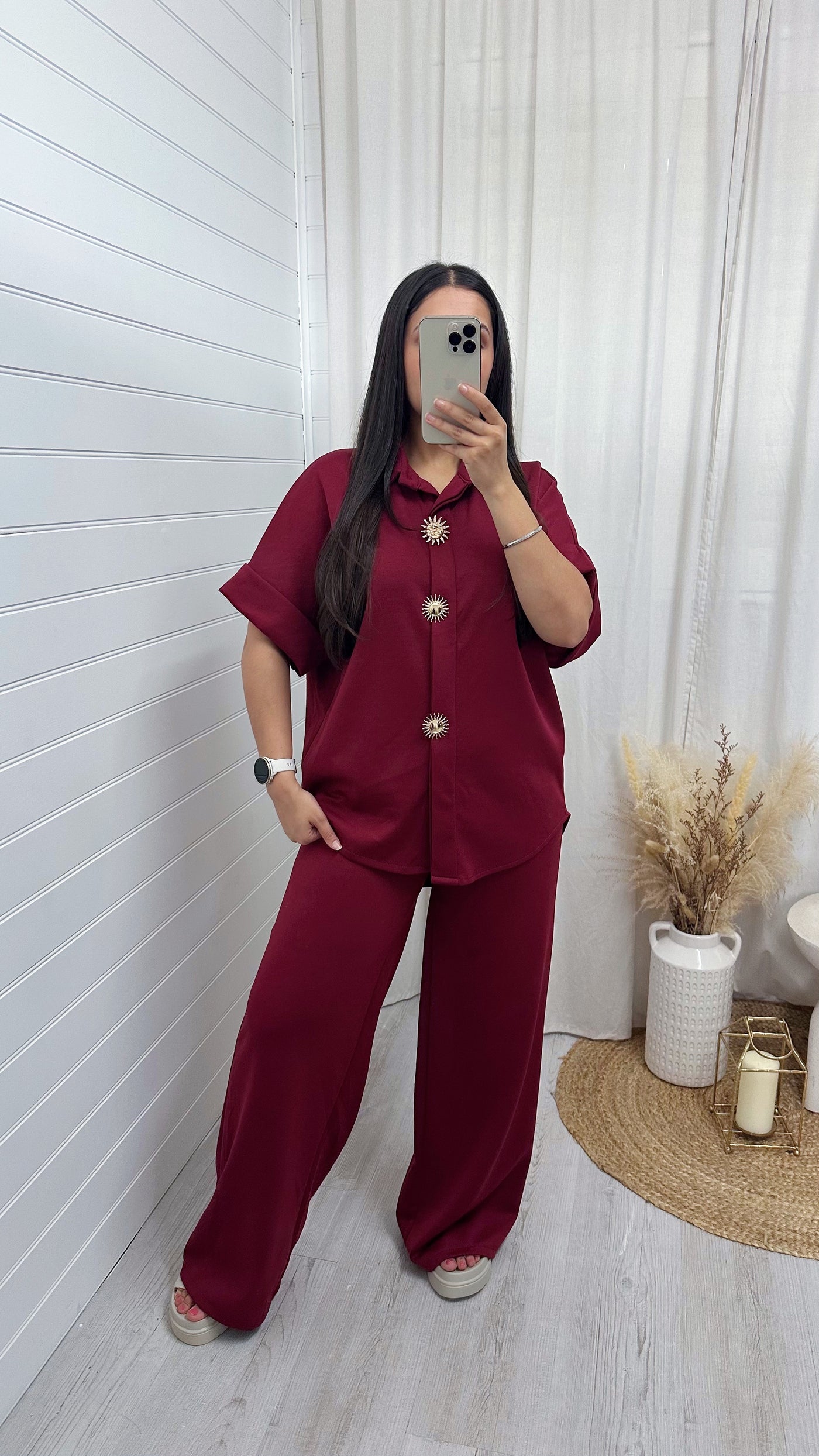 Celestial Gold Button Shirt and Straight Leg Trousers Co-Ord - WINE