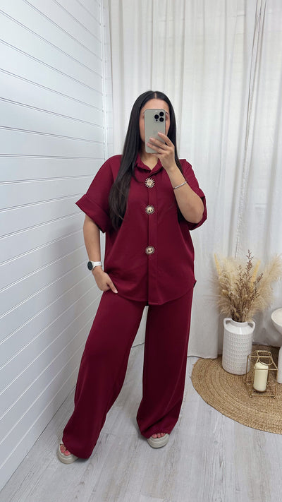 Celestial Gold Button Shirt and Straight Leg Trousers Co-Ord - WINE