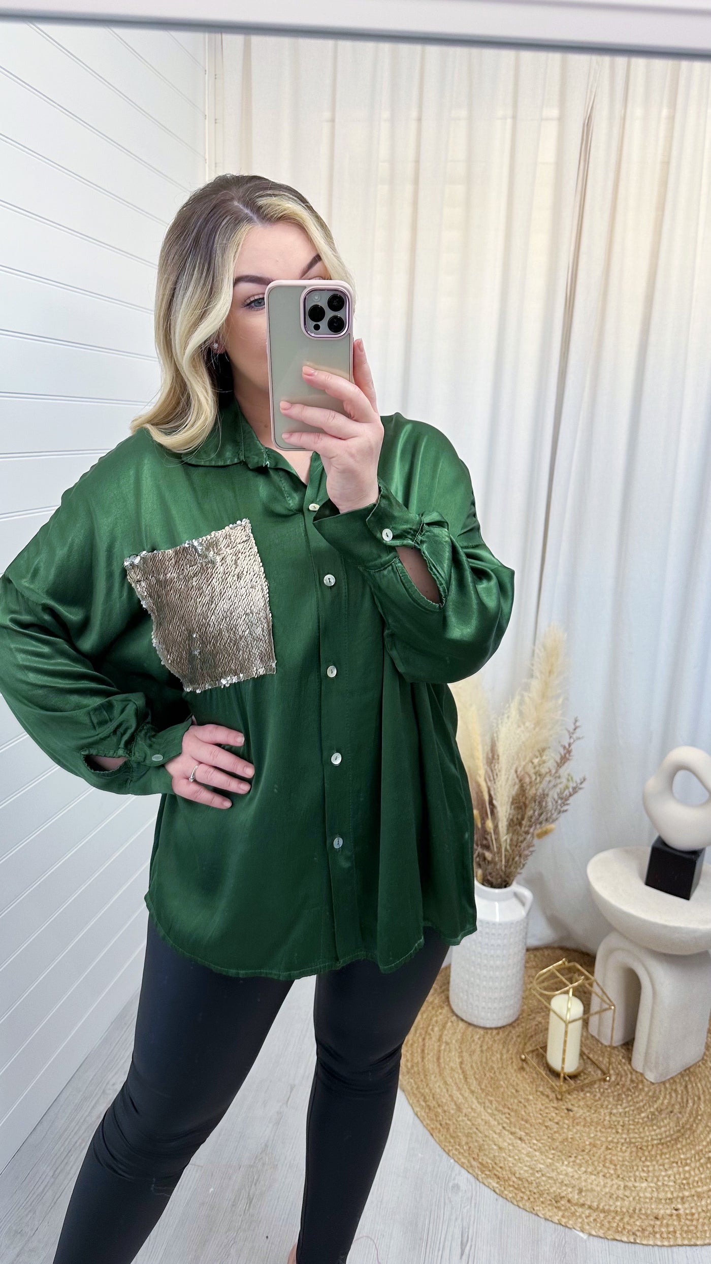 Satin Sequin Pocket Shirt -  GREEN