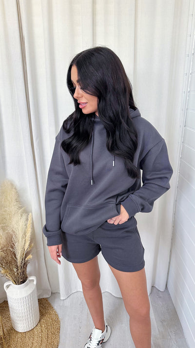 Oversized Hoodie and Jogger Shorts Co-Ord - SLATE GREY