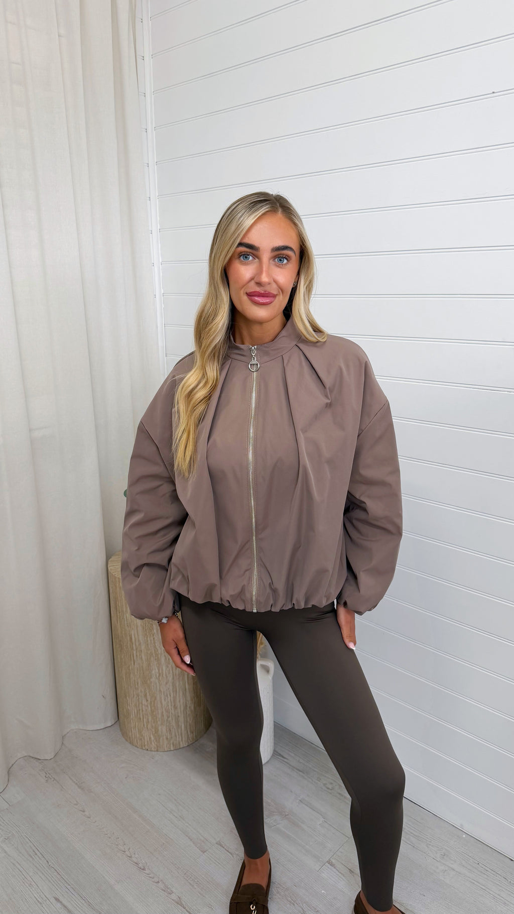 Pleated Shoulder Bomber Jacket - MOCHA