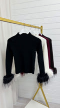 Ribbed Knit Feather Cuff Top *REMOVABLE CUFFS* - BLACK