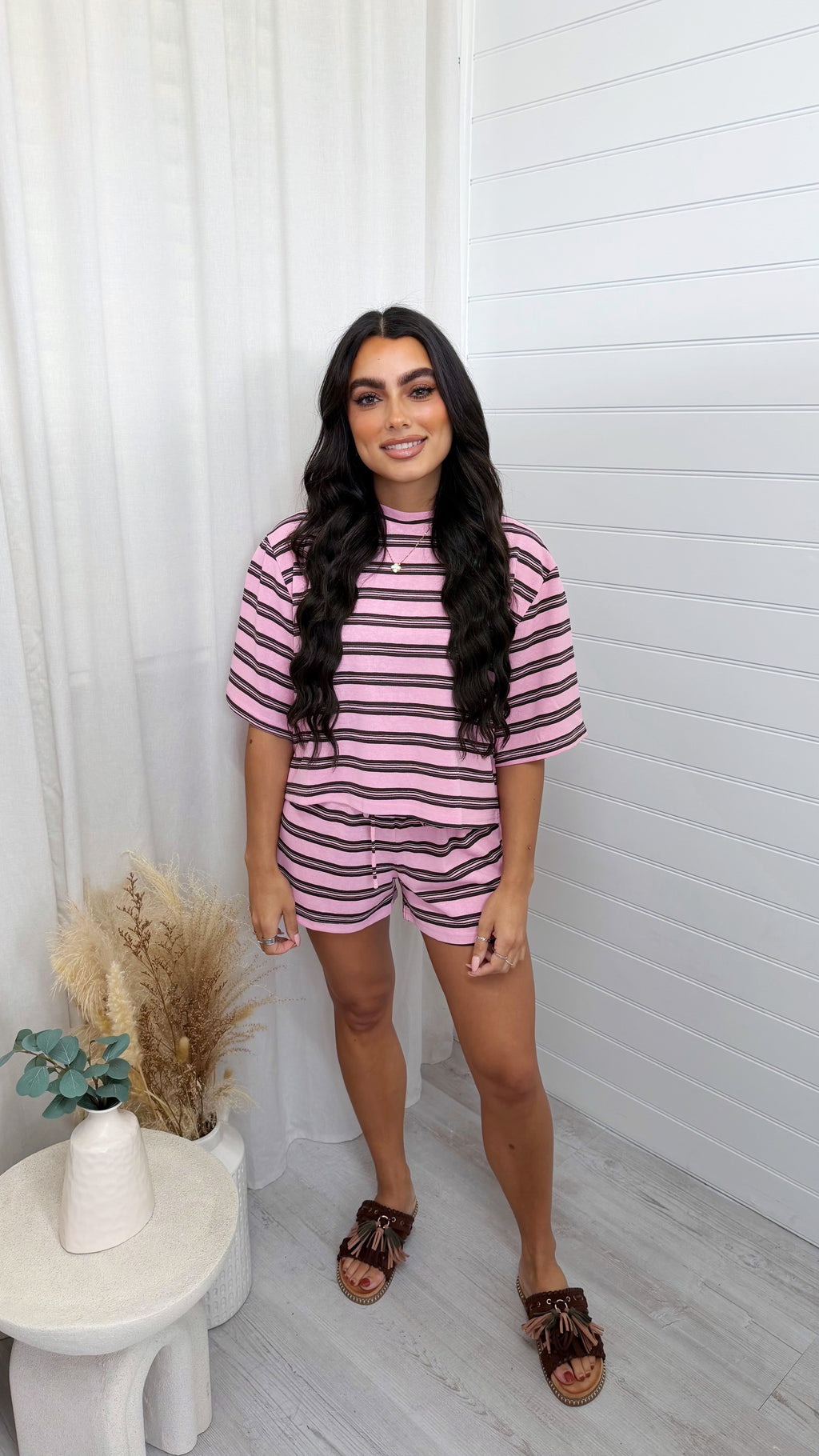Stripey Cotton Crop Top and Shorts Co-Ord - PINK