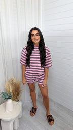 Stripey Cotton Crop Top and Shorts Co-Ord - PINK