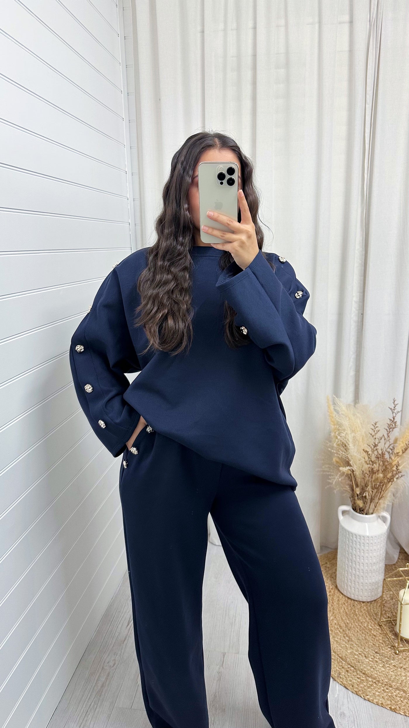 Long Sleeve Gold Button Detail Top and Trousers Co-Ord - NAVY