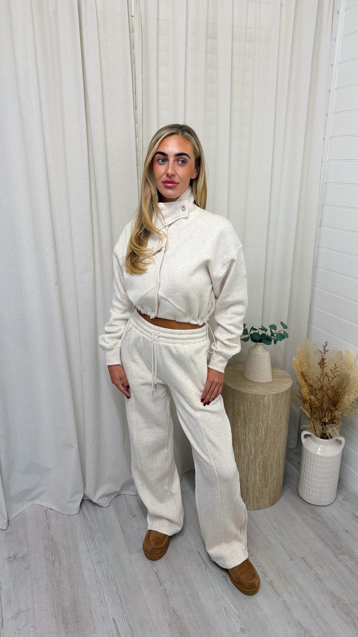Funnel Neck Crop Jacket and Joggers Tracksuit - OAT MARL
