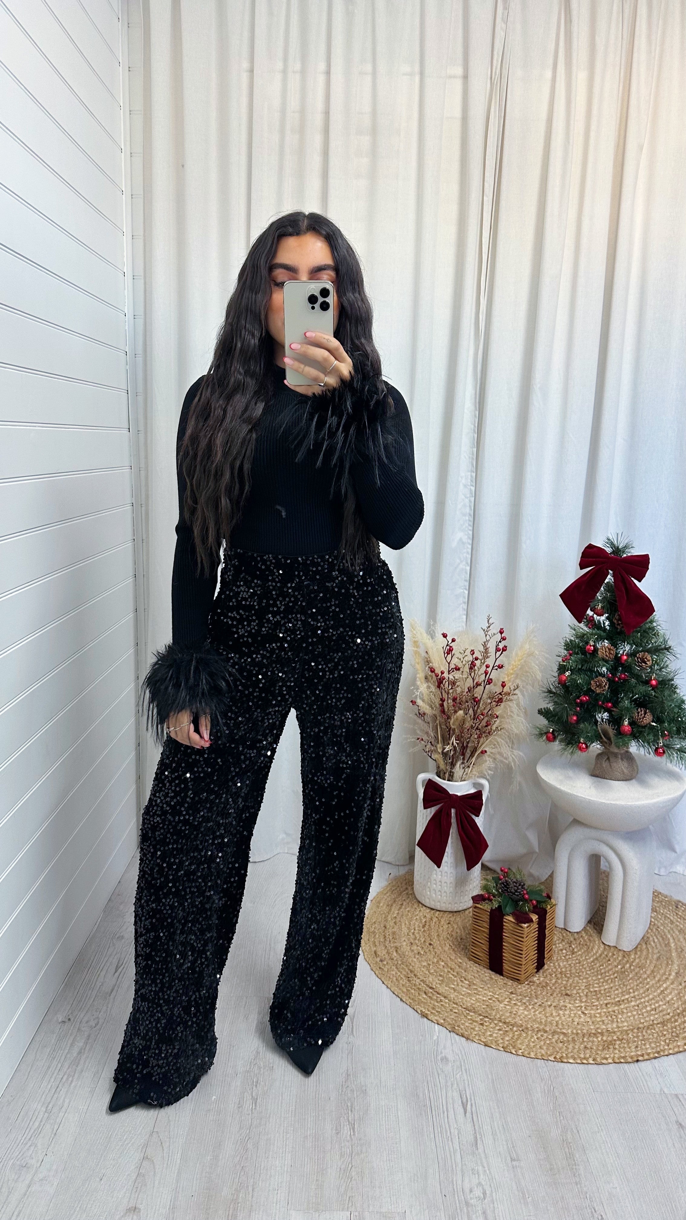 Sequin Velvet Wide Leg Trousers - BLACK