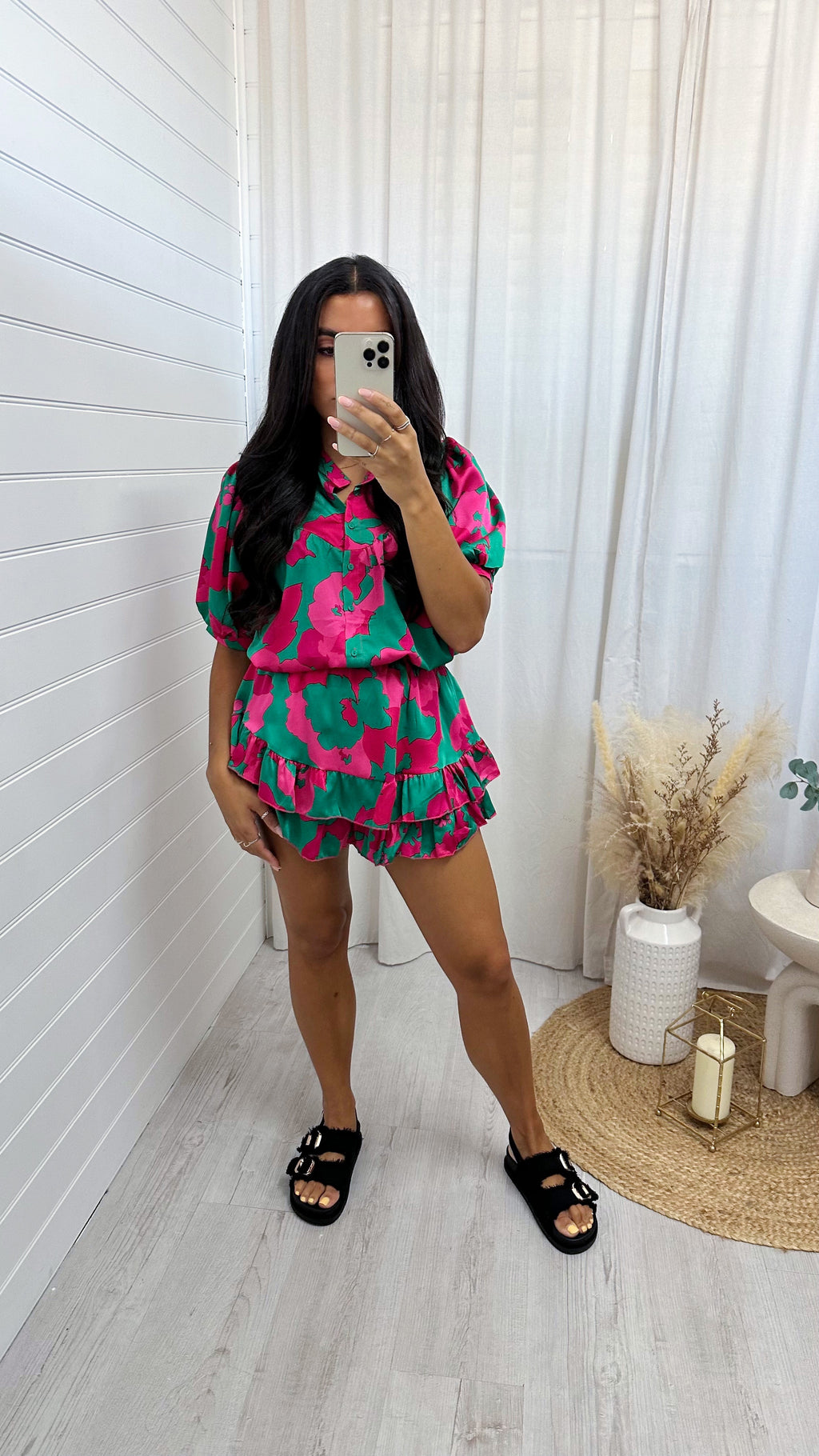 Satin Puff Sleeve Shirt and Frill Skort Co-Ord - GREEN/PINK