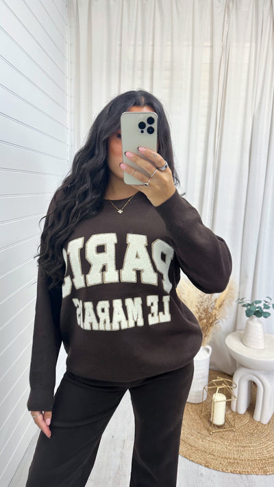 PARIS Graphic Slogan Knitted Jumper - BROWN