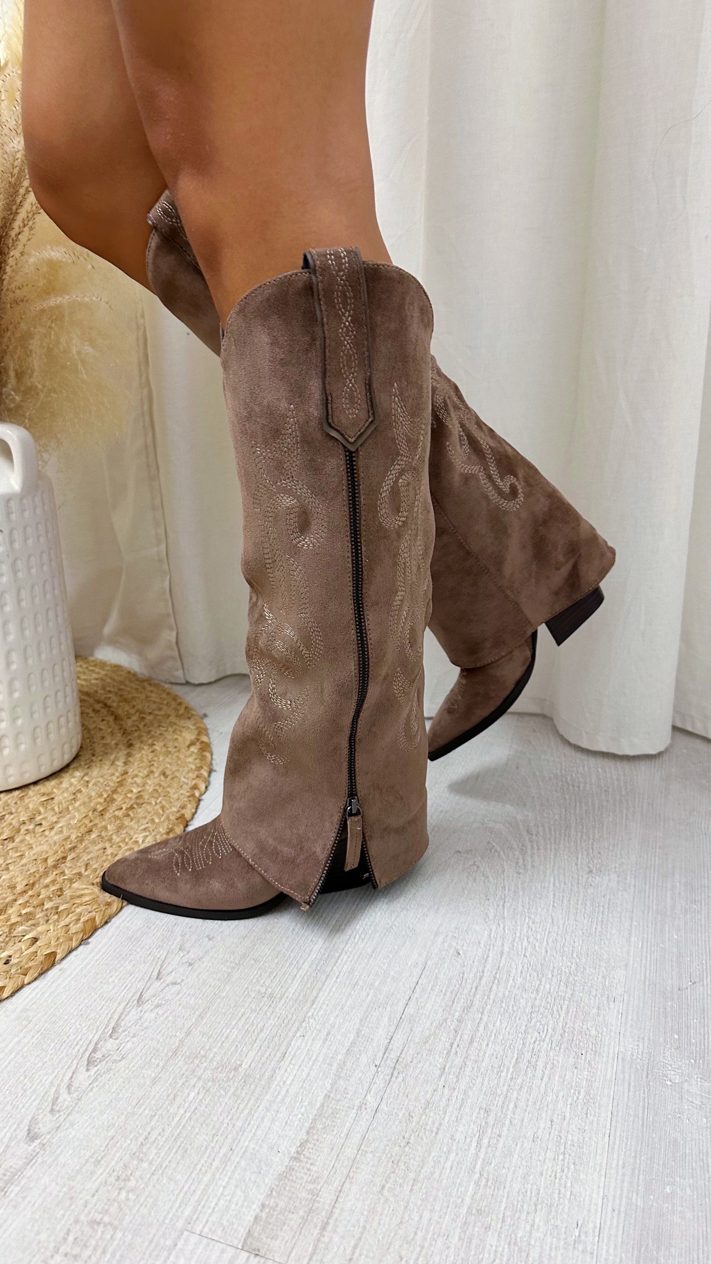 Knee High Embroidered Fold Over Cowboy Boots - TAUPE