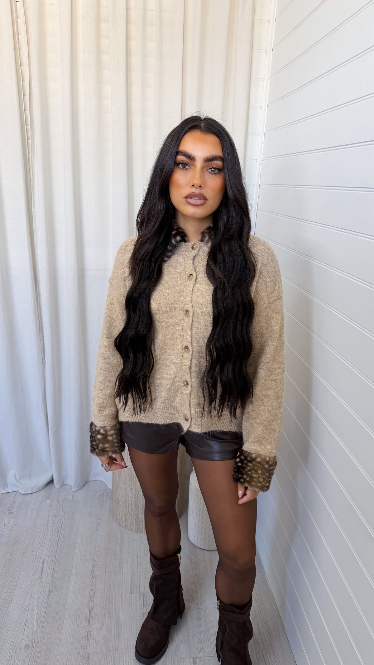 Deer Faux Fur Trim Cardigan - BEIGE