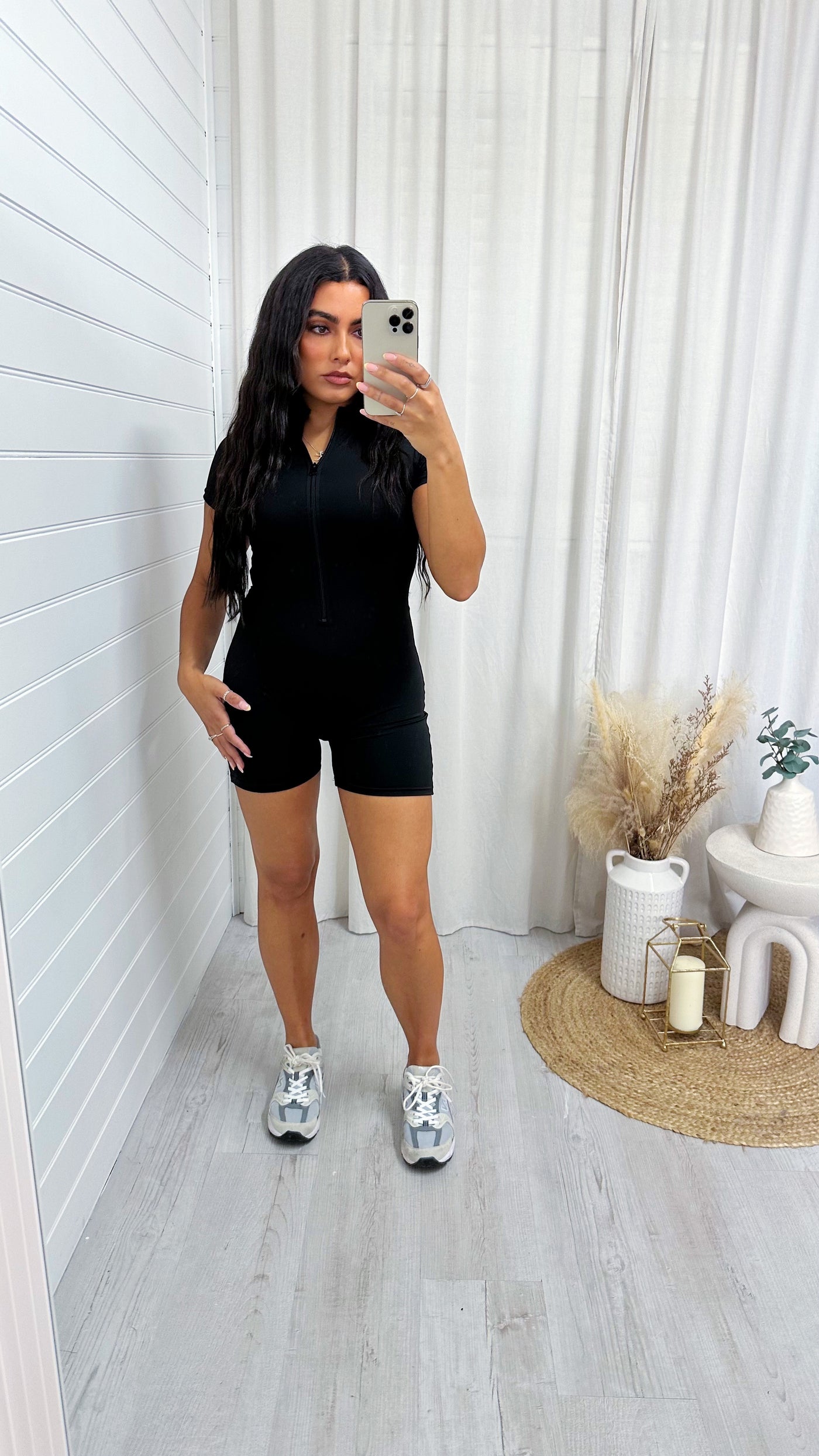 Short Sleeve Zip Up Unitard - BLACK