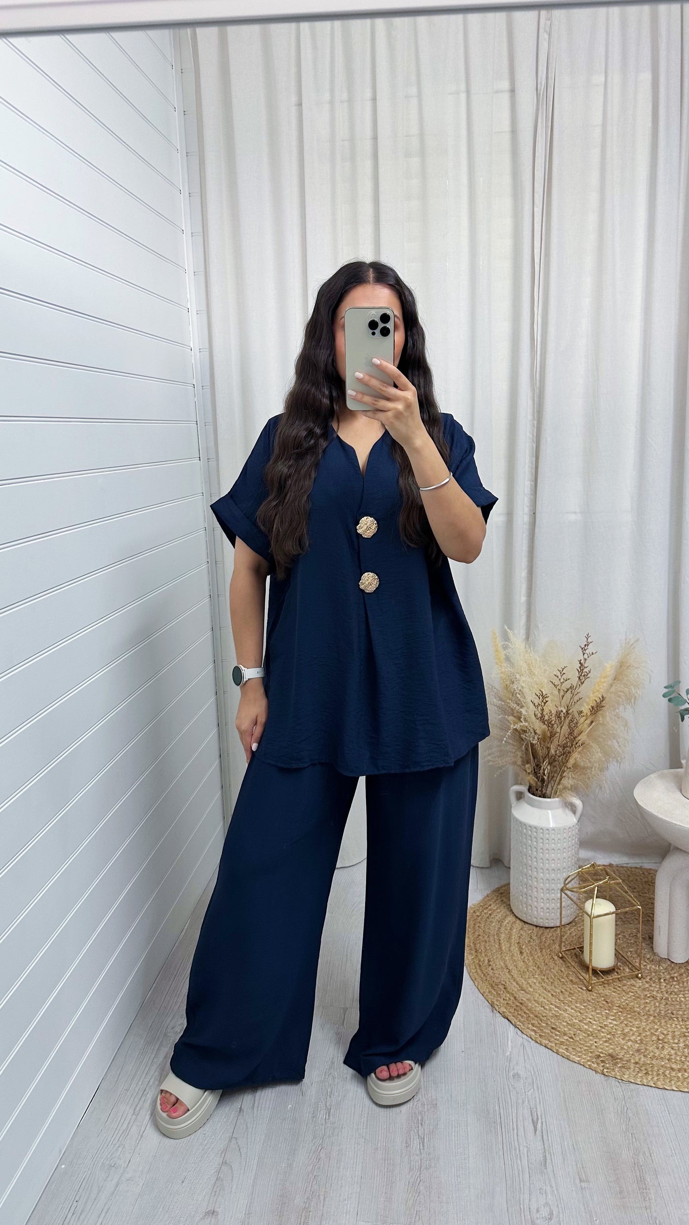 Gold Button V Neck Top and Wide Leg Trousers Co-Ord - NAVY