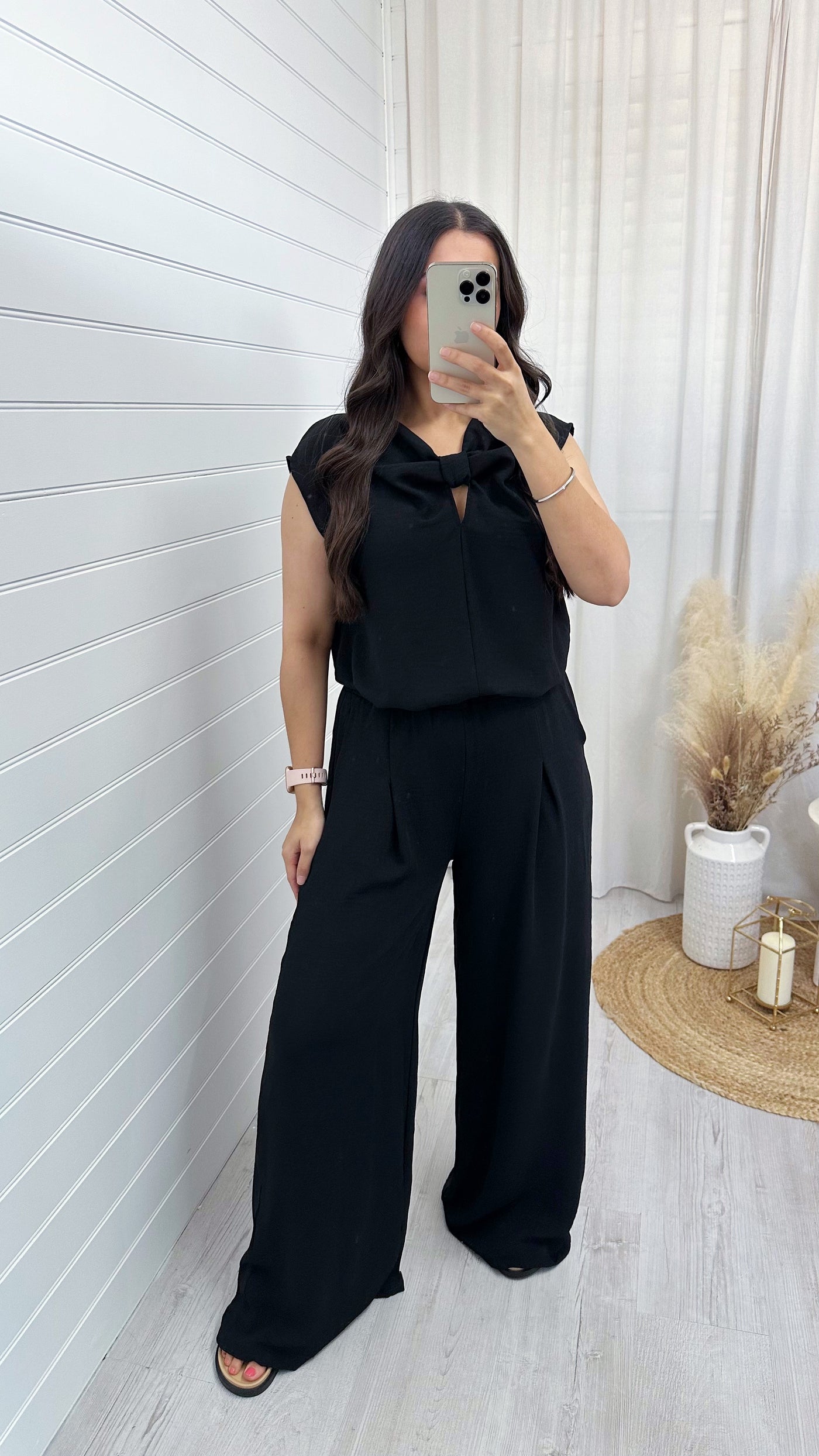 Sleeveless Bow Top and Wide Leg Trousers Co-Ord - BLACK