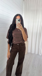 Button Front T-Shirt - BROWN