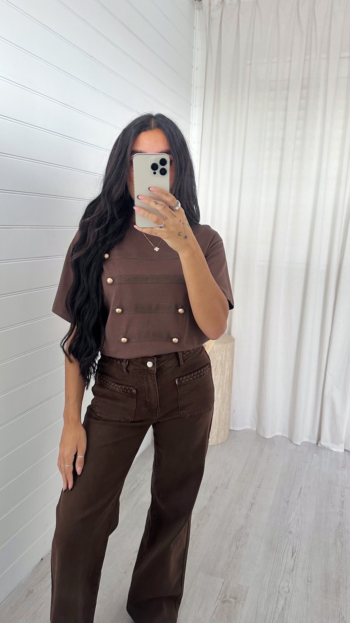 Button Front T-Shirt - BROWN