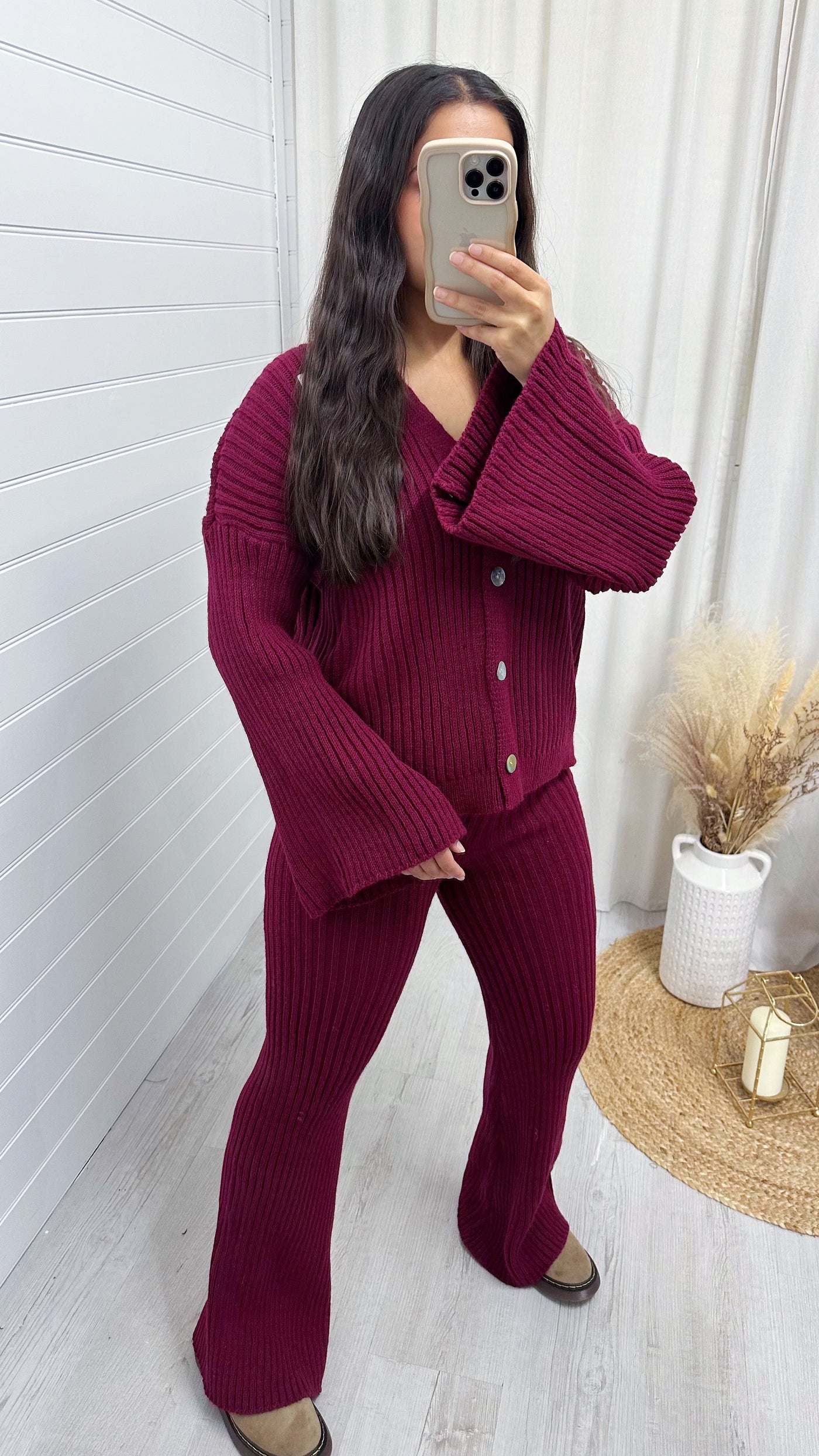 Chunky Knit Cardigan and Flares Co-Ord - WINE