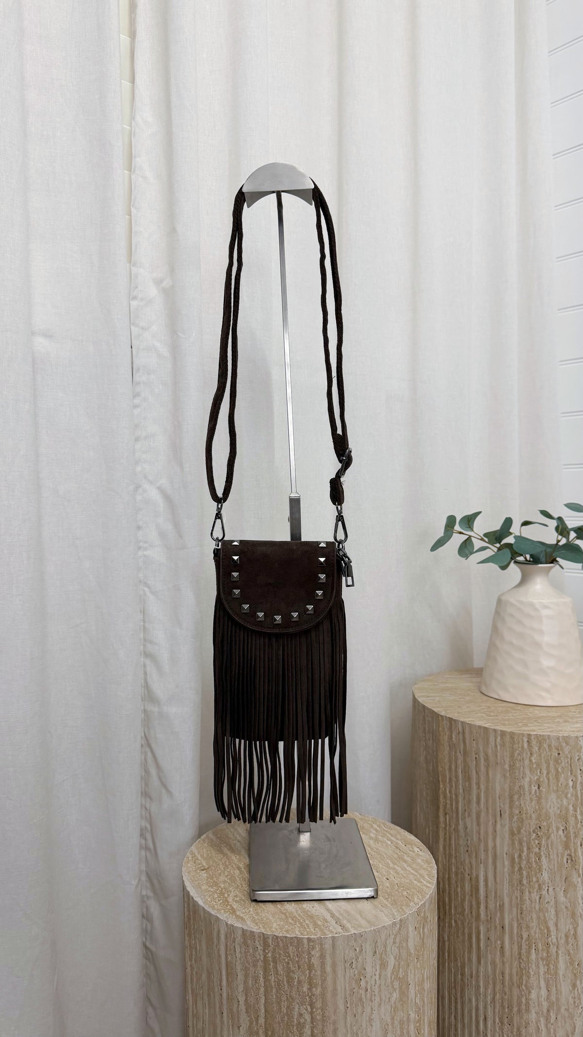 Suede Fringe Mini Cross Body Bag - BROWN