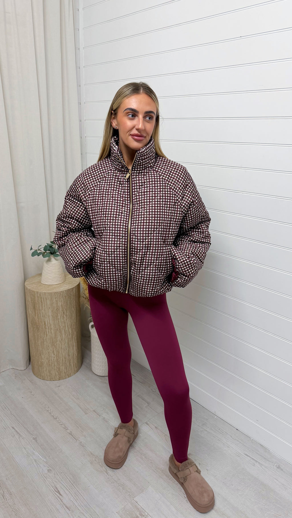 Quilted Gingham Bomber Jacket - BURGUNDY