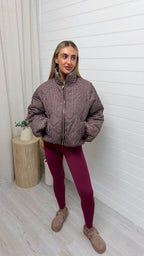 Quilted Gingham Bomber Jacket - BURGUNDY