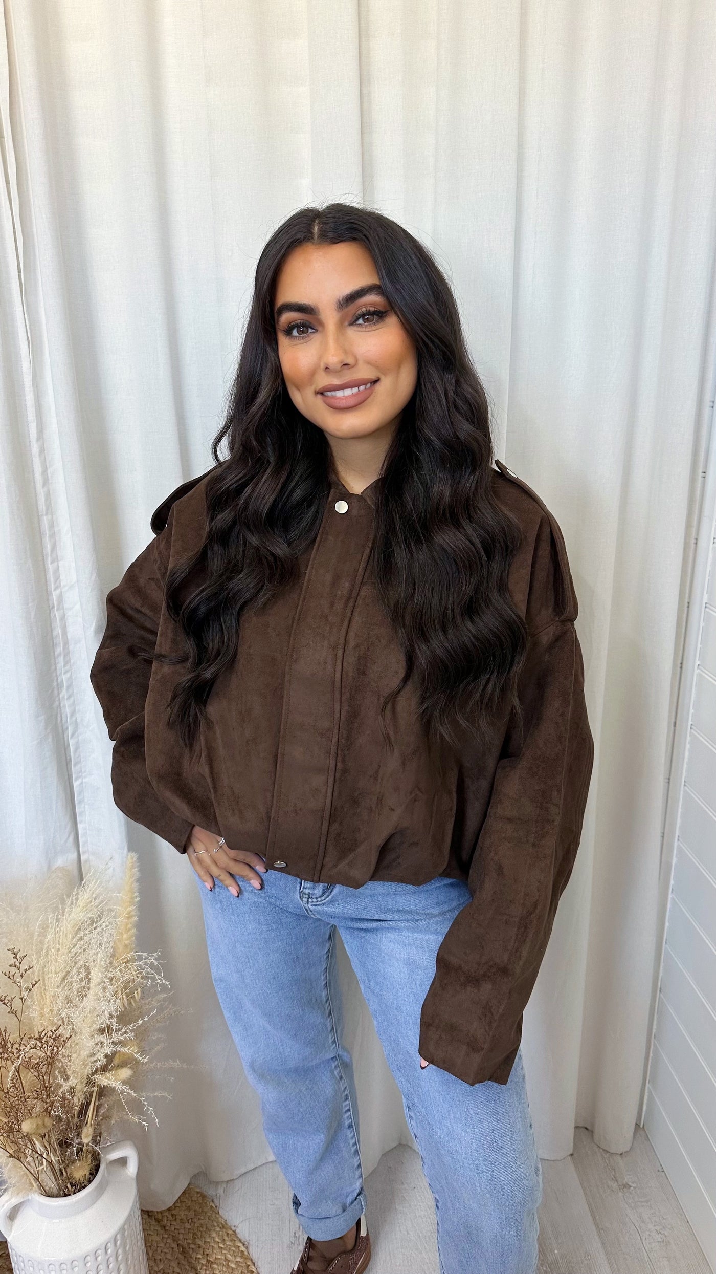 Suede Baggy Sleeve Lapel Bomber Jacket - BROWN