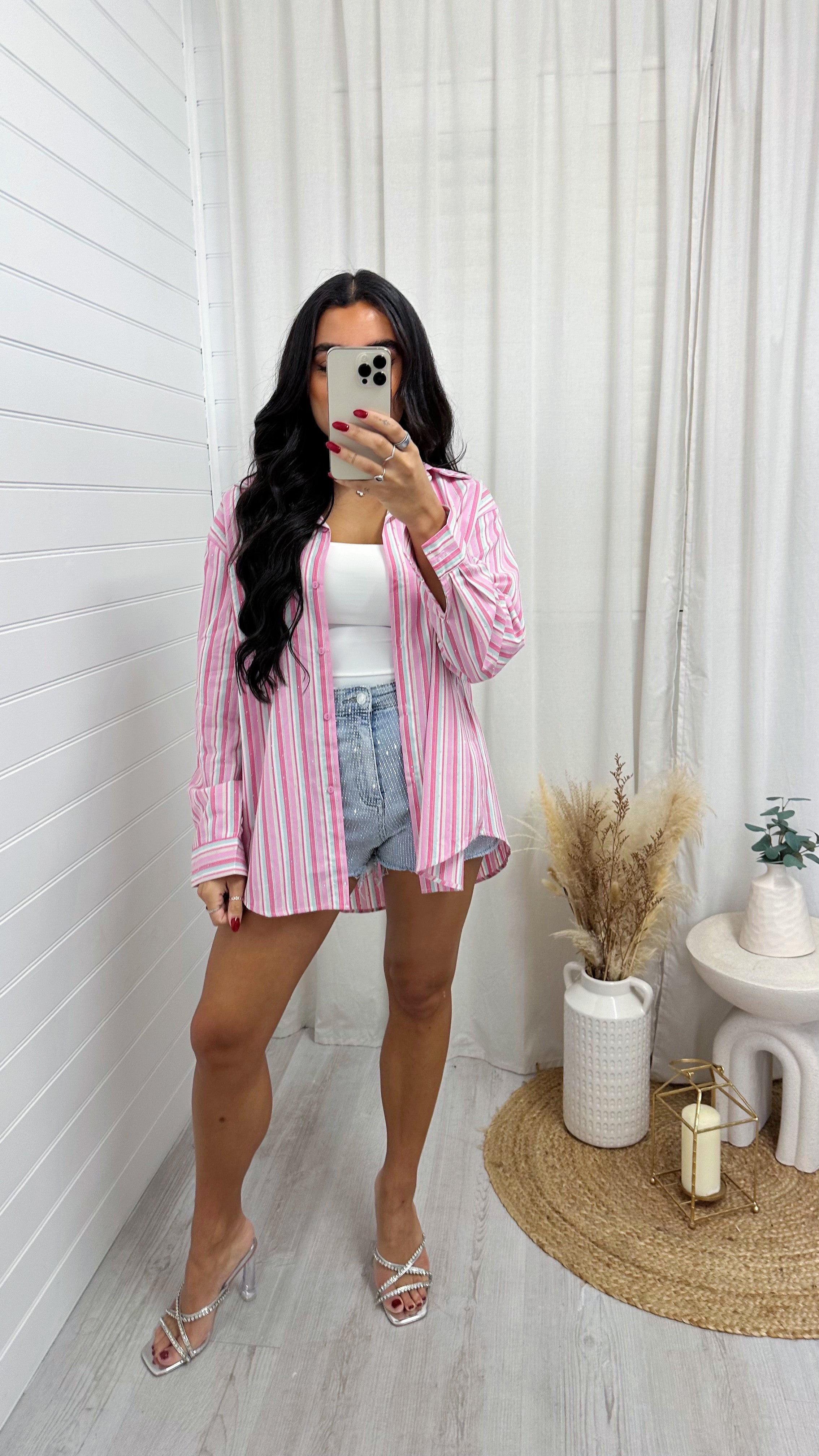 Multicolour Rhinestone Relaxed Shirt - PINK