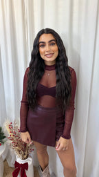 PU Wrap Over Leather Look Skort - WINE