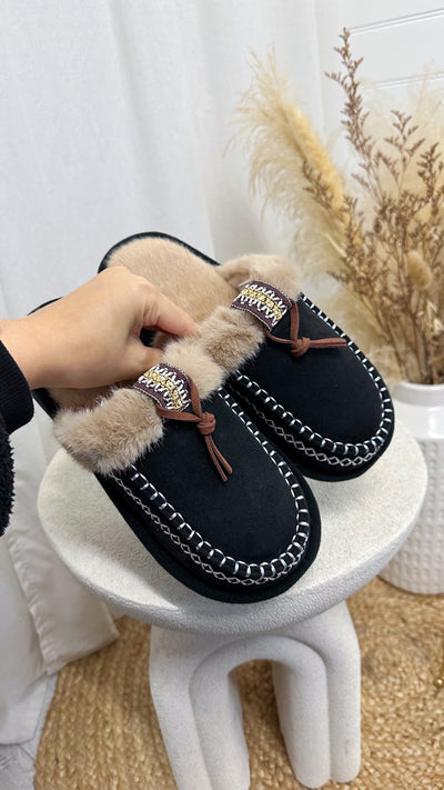 Embroidered Trim Faux Fur Slippers - BLACK