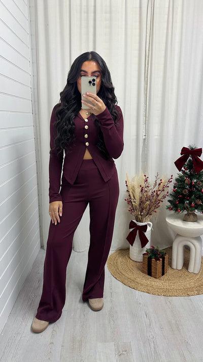 Gold Button Cardigan and Straight Trousers Co-Ord - BURGUNDY