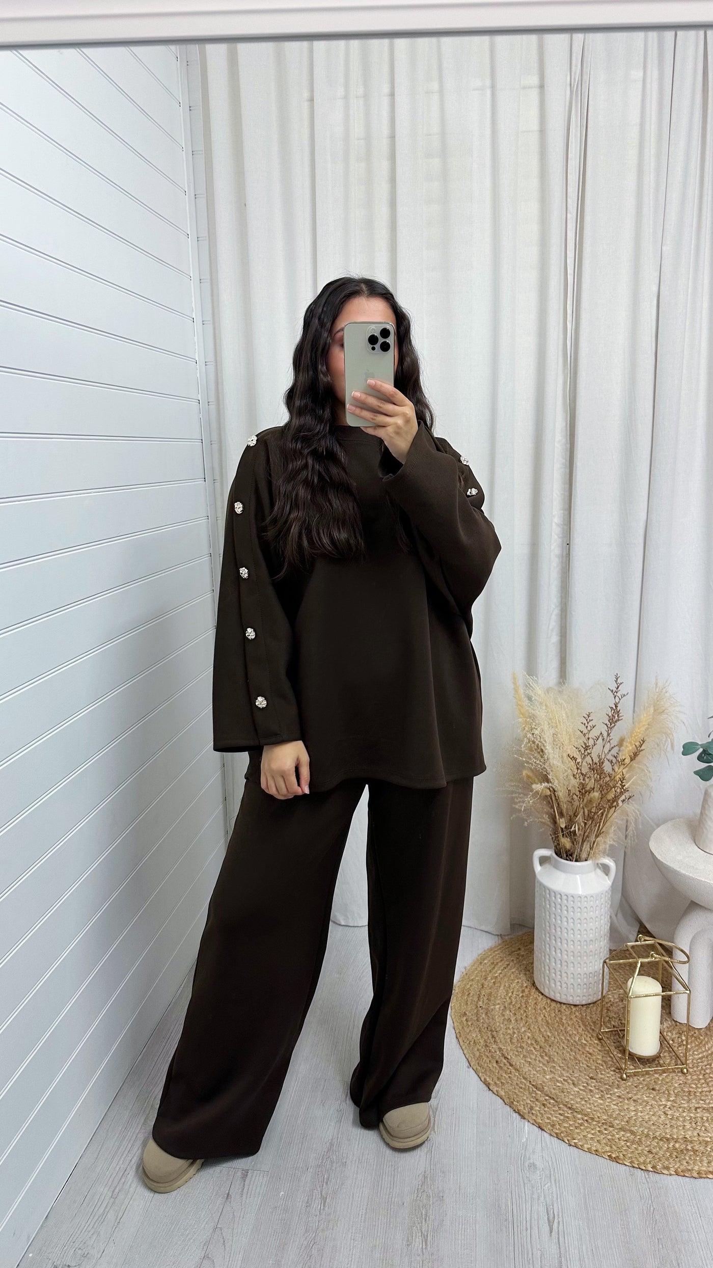 Long Sleeve Gold Button Detail Top and Trousers Co-Ord - BROWN