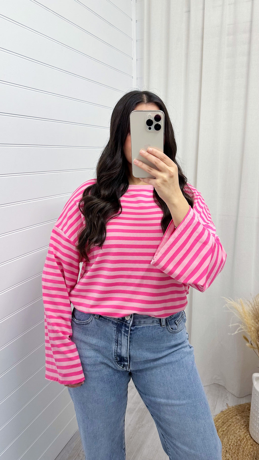 Baggy Stripe Long Sleeve T-Shirt - BABY PINK/CANDY PINK