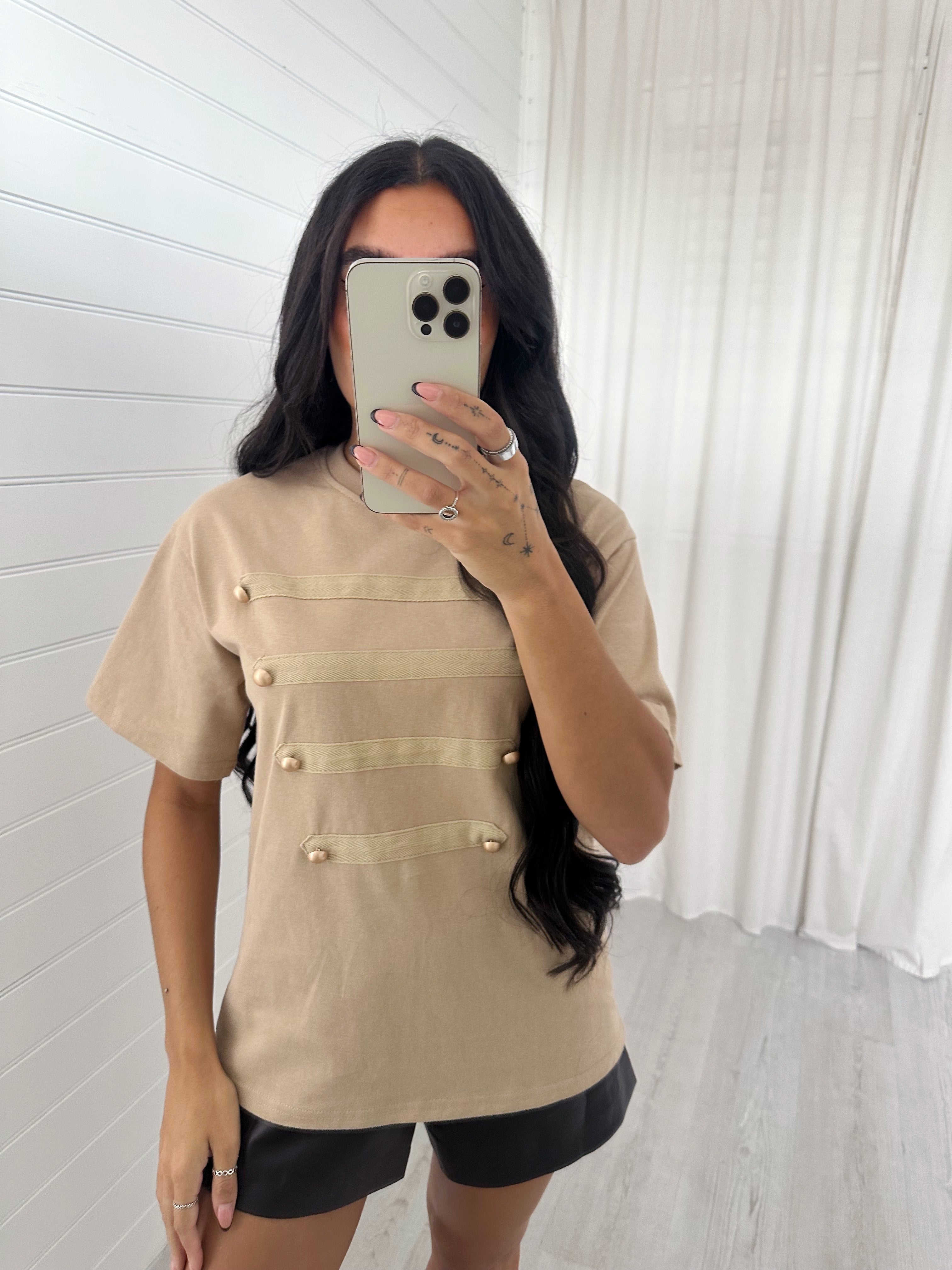 Button Front T-Shirt - BEIGE
