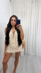 Cowl Neck Sequin Top and Skirt Set - IVORY