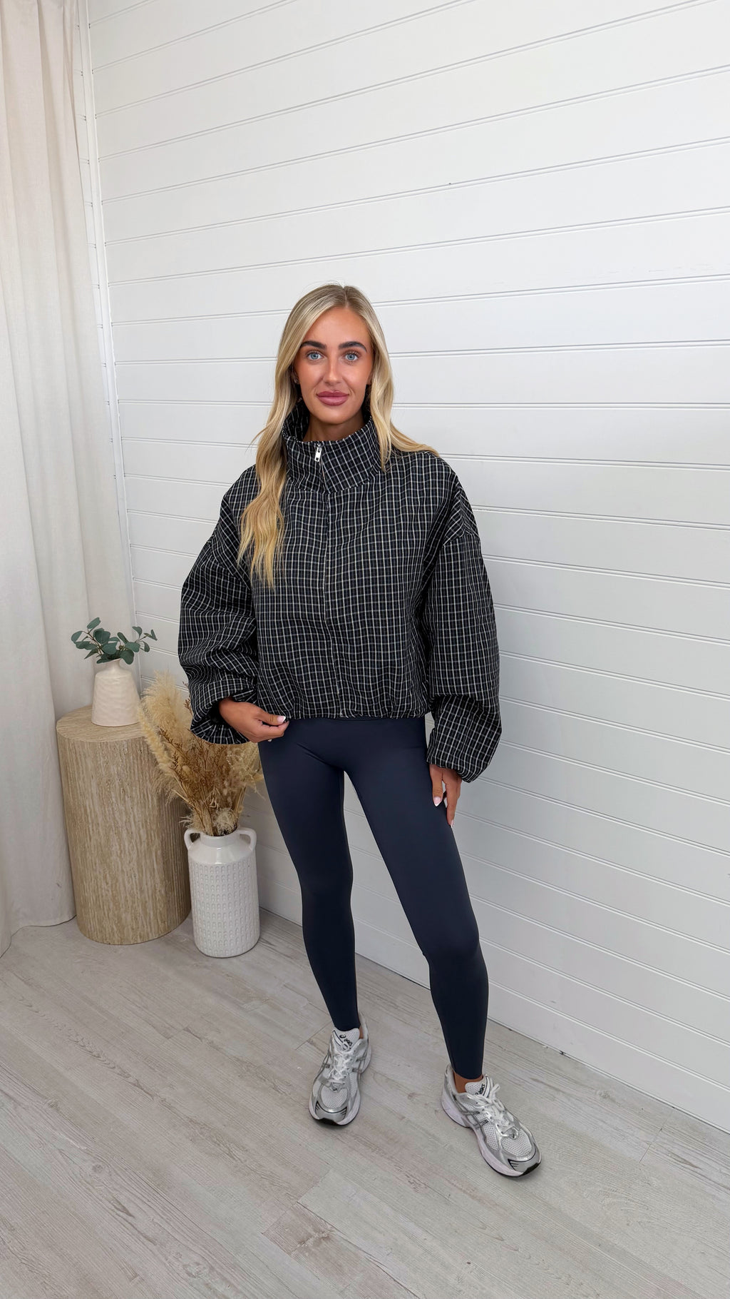 High Neck Check Bomber Jacket - BLACK