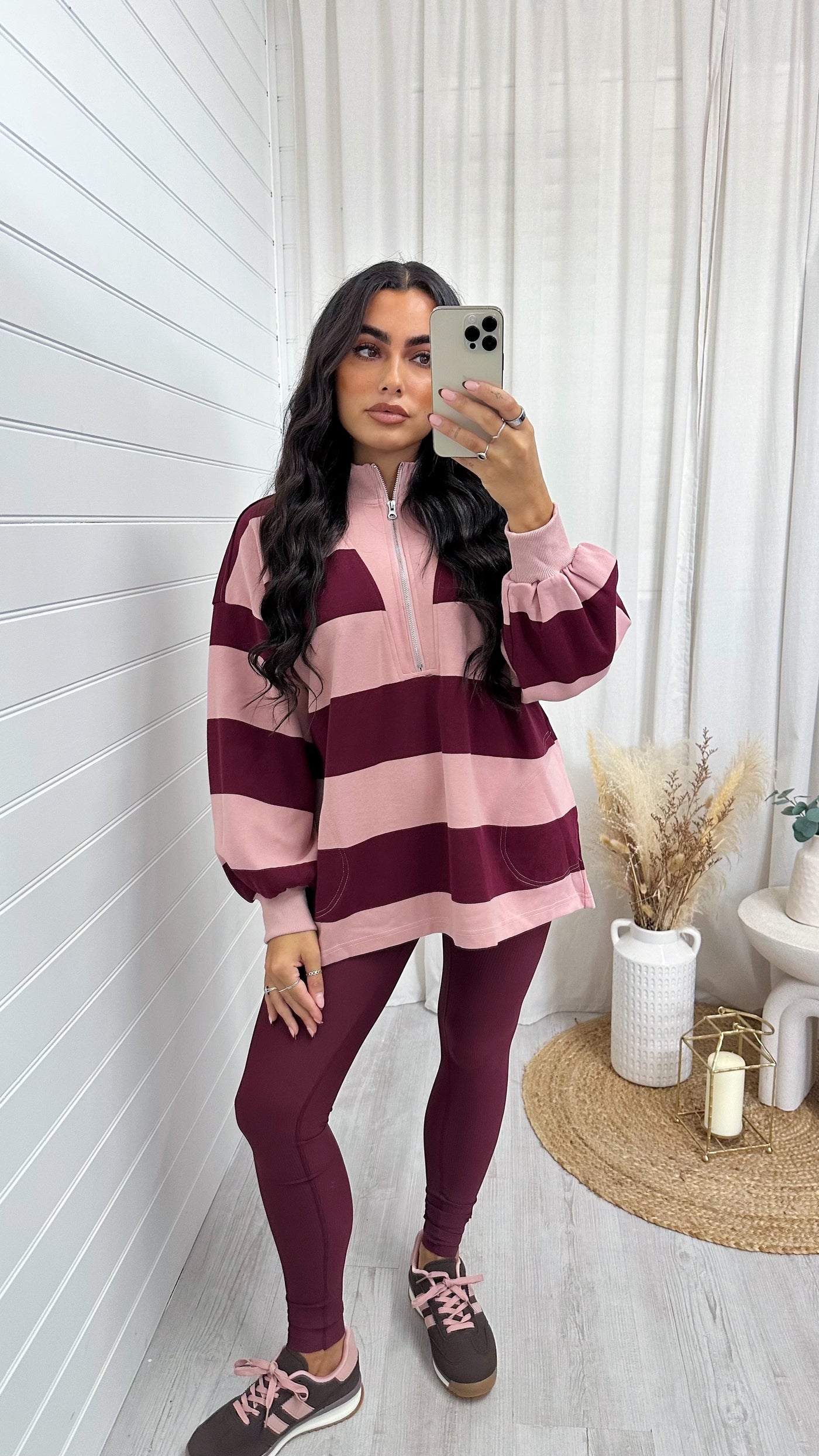 Stripey Block Colour Half Zip Sweatshirt - BURGUNDY