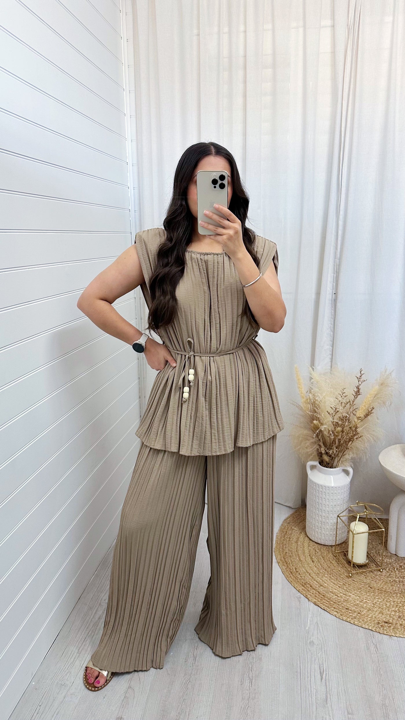 Pleated Tunic and Wide Leg Trousers Co-Ord - DARK BEIGE