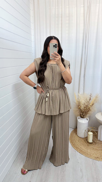Pleated Tunic and Wide Leg Trousers Co-Ord - DARK BEIGE