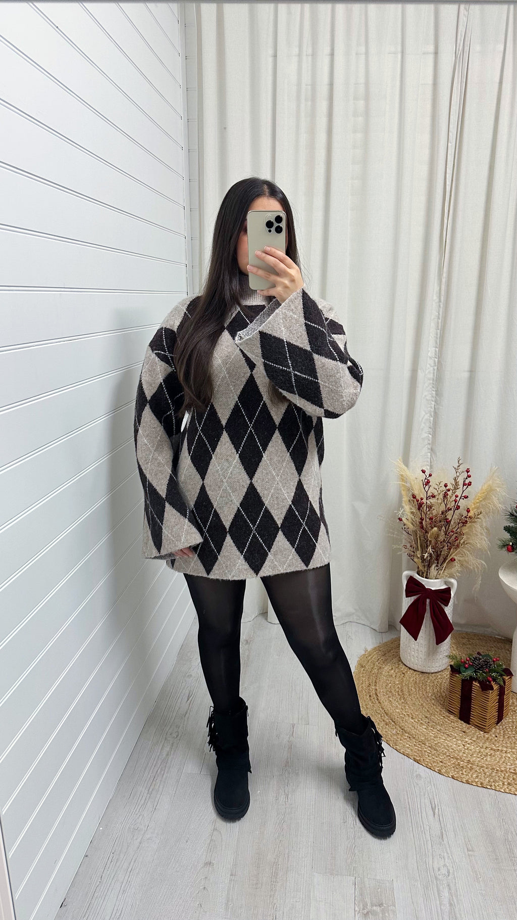 Argyle Woollen Jumper Dress - DARK BROWN/BEIGE