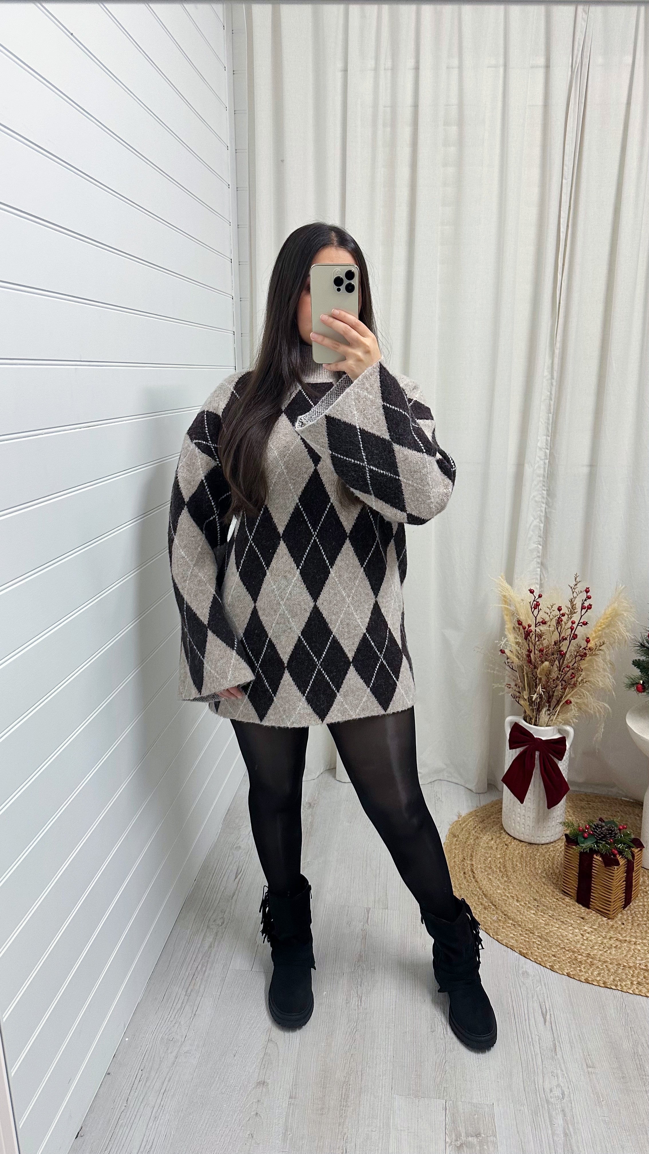 Argyle Woollen Jumper Dress - DARK BROWN/BEIGE