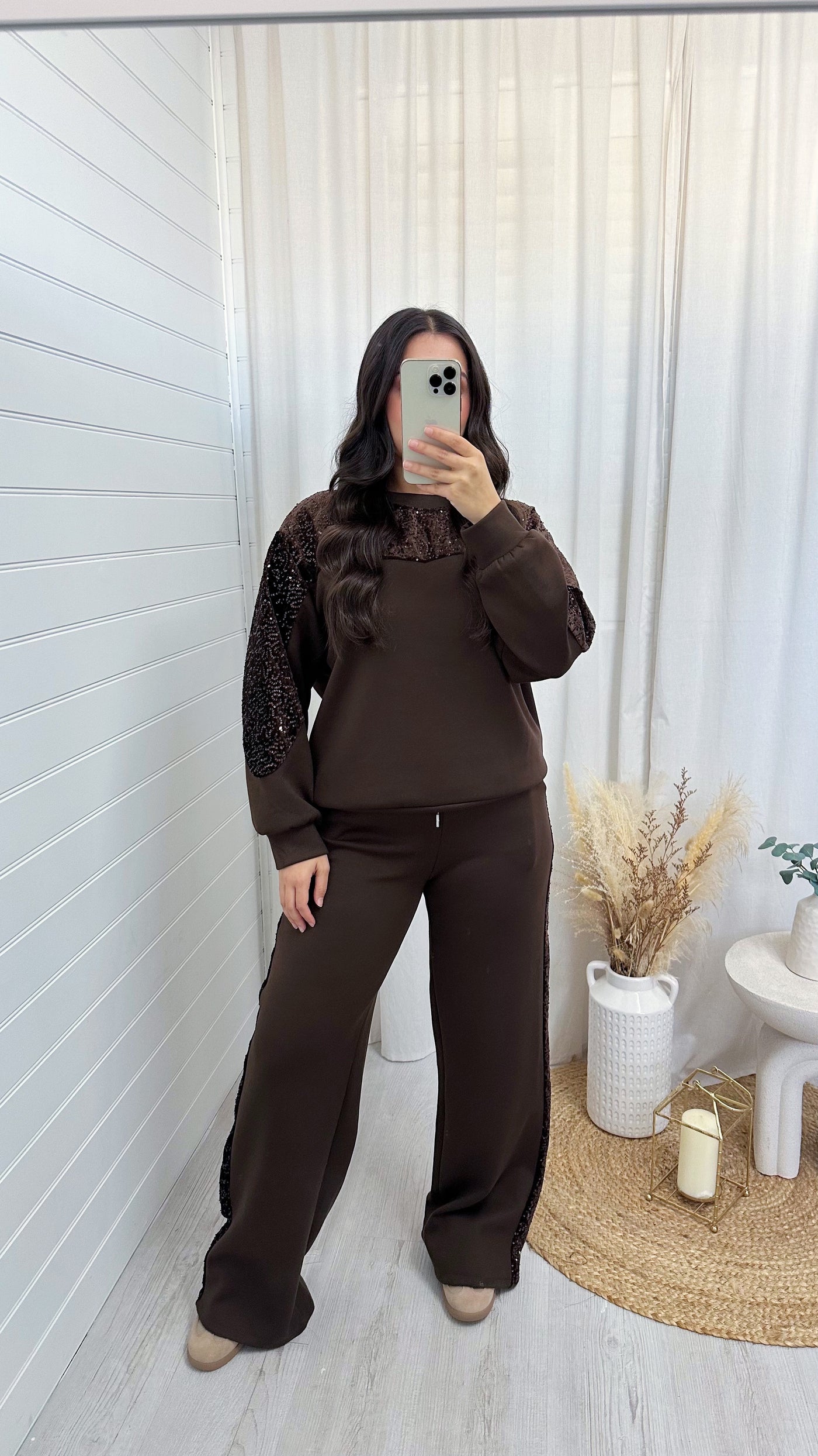 Sequin Sleeve Sweatshirt and Joggers Tracksuit - BROWN