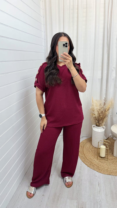 Cheesecloth Gold Button T-Shirt and Trousers Co-Ord - WINE