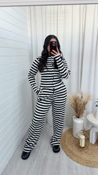 Stripe Knit Cardigan and Straight Leg Joggers Co-Ord - BLACK/WHITE