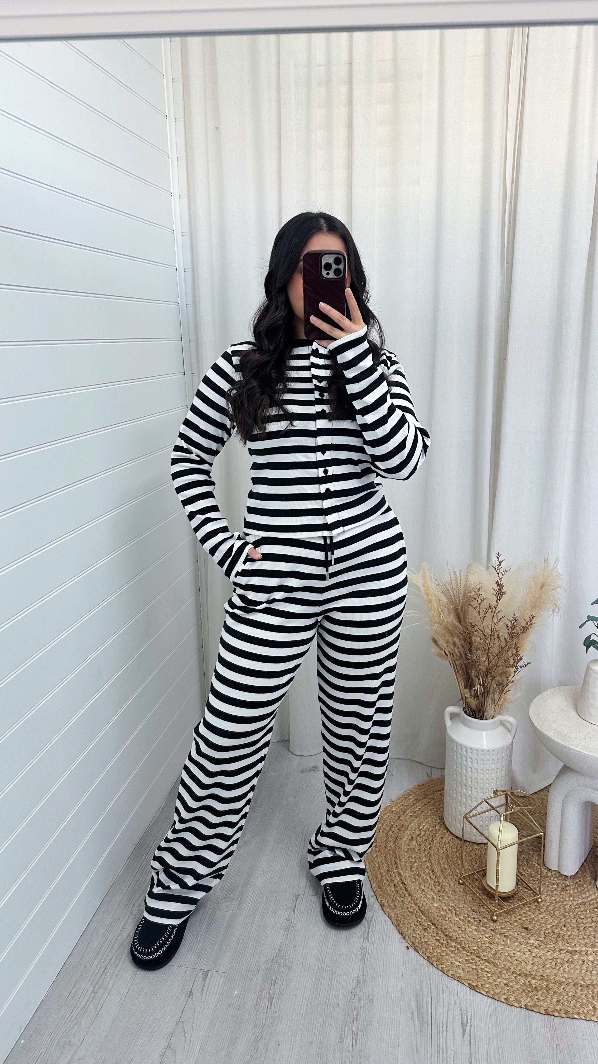 Stripe Knit Cardigan and Straight Leg Joggers Co-Ord - BLACK/WHITE