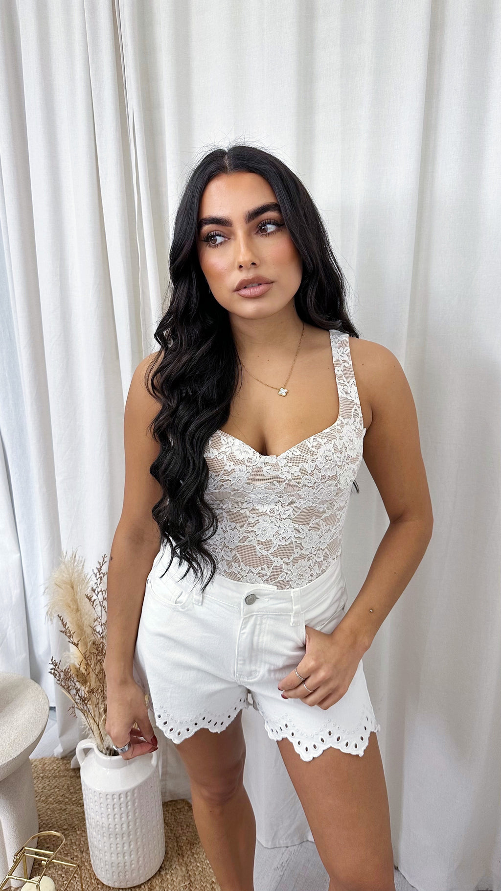 Floral Lace Padded Bodysuit - WHITE
