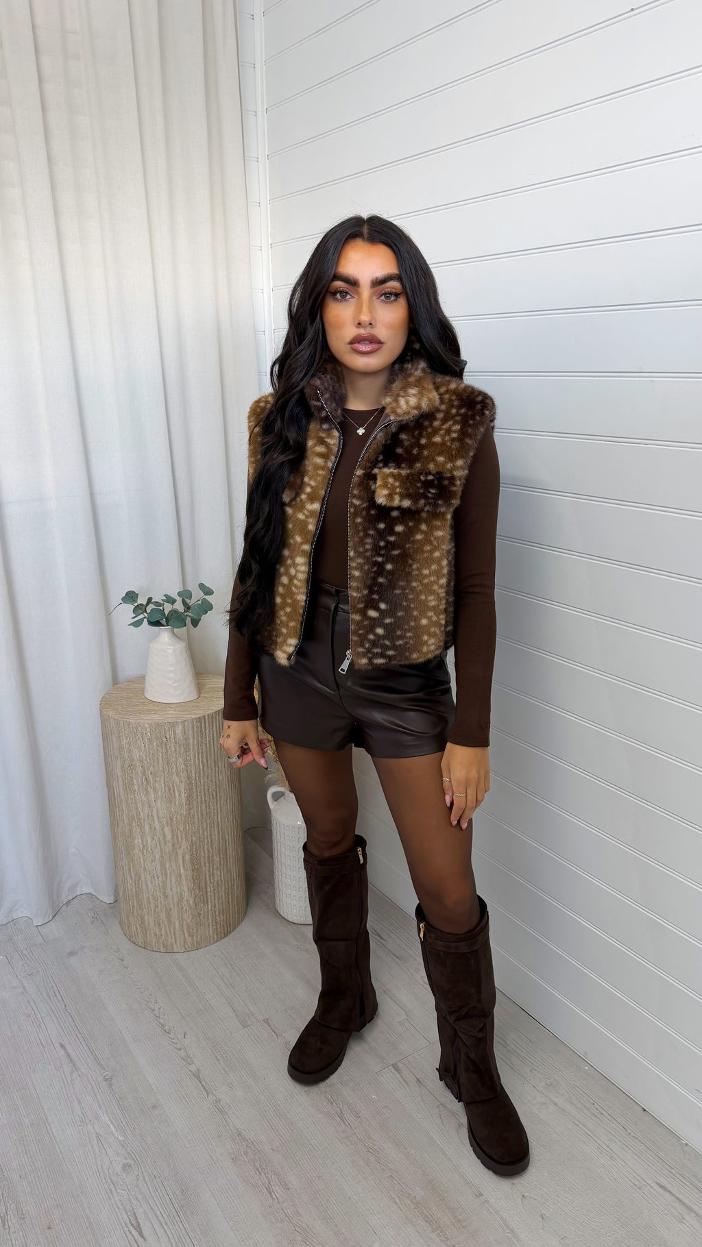 Cropped Faux Fur Deer Print Gilet - DARK BEIGE