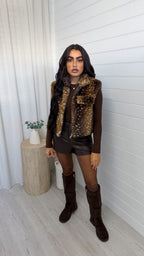 Cropped Faux Fur Deer Print Gilet - DARK BEIGE